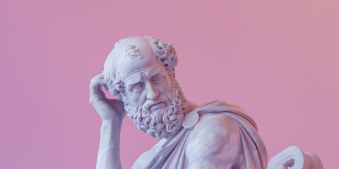 A marble statue of a Greek philosopher, with a thoughtful expression and scroll in hand, set against a pastel lavender background