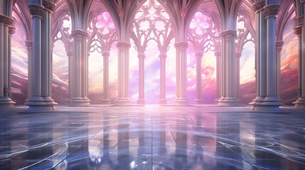 White columns, pink and blue sky,  fantasy architecture,  a magical and ethereal setting. 
