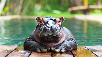 Fototapeta premium A cute hippopotamus resting on a wooden deck by the pool, with green and brown tones, showcasing a playful and happy mood for a summer vacation. 
