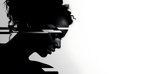 Black and white silhouette of a woman with geometric lines, conveying mystery and elegance for fashion and beauty designs. 
