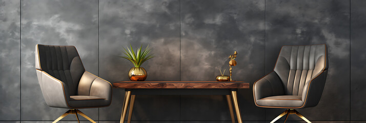 Modern interior design with chairs, table, and gold accents,  evoking a sense of luxury and sophistication. 
