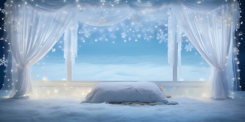 White curtains, a window, and a pillow in a winter wonderland setting with blue, white, and silver colors, evoking a magical and cozy atmosphere, perfect for holiday and winter themed designs. 
