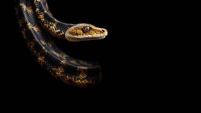 Snake coiled, head angled, against black background.
