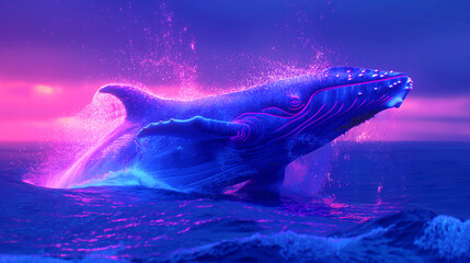 Fototapeta premium Vibrant digital artwork of a neon-lit whale breaching in a surreal purple ocean at sunset