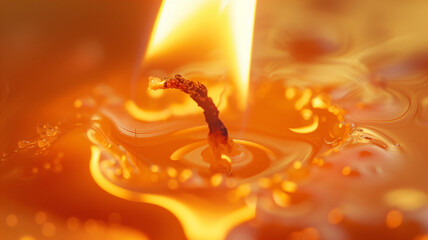 Macro Shot of a Candle Wick Burning in Molten Wax