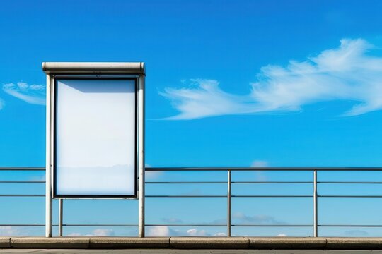 Blank billboard against a clear blue sky, great for advertising space on a sunny day, bordered by a metal railing.