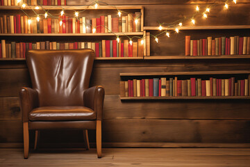 Cozy brown leather armchair in front of a rustic wooden bookcase filled with books and warm string lights.
