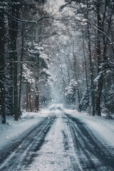 A scenic winter landscape with a snow-covered road running through a dense forest