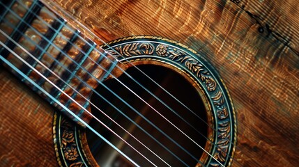 Obraz premium Intricate Guitar Rosette Design Close-Up Highlighting Fine Wooden Craftsmanship