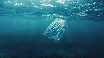 Plastic Bag Floating in Blue Ocean Depths