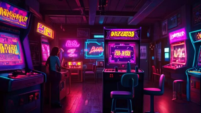 A couple playing arcade games in a retro 80s arcade, surrounded by vintage machines, neon lights, and nostalgic sounds, creating a playful and romantic atmosphere, 4K 2D Japanese anime Cyan purple