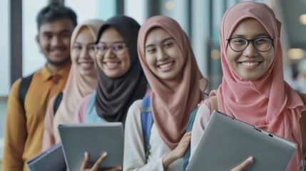 a group of young people in hijab are smiling