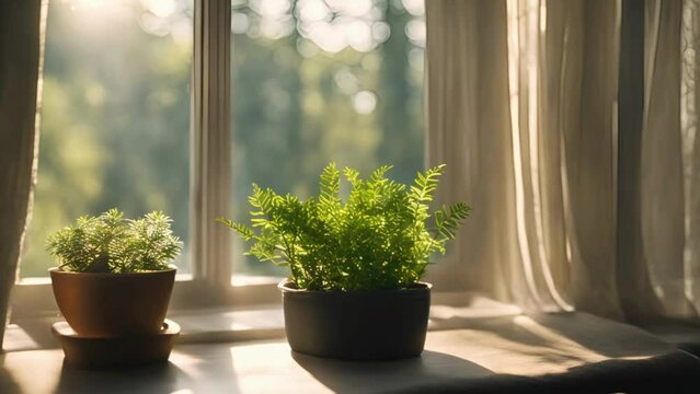window with plants, Sunlit window with potted indoor plants, casting soft shadows and warm light, Sunlit Window with Indoor Plants