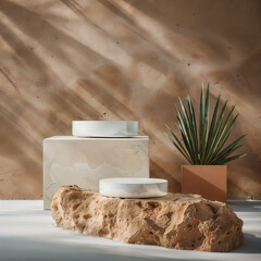 Trendy minimalist  natural product display, beauty product promotion mockup. Desert style product podium.	
