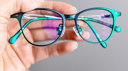 hand holding new pair of glasses, an optician assisting a customer in choosing the right pair of glasses