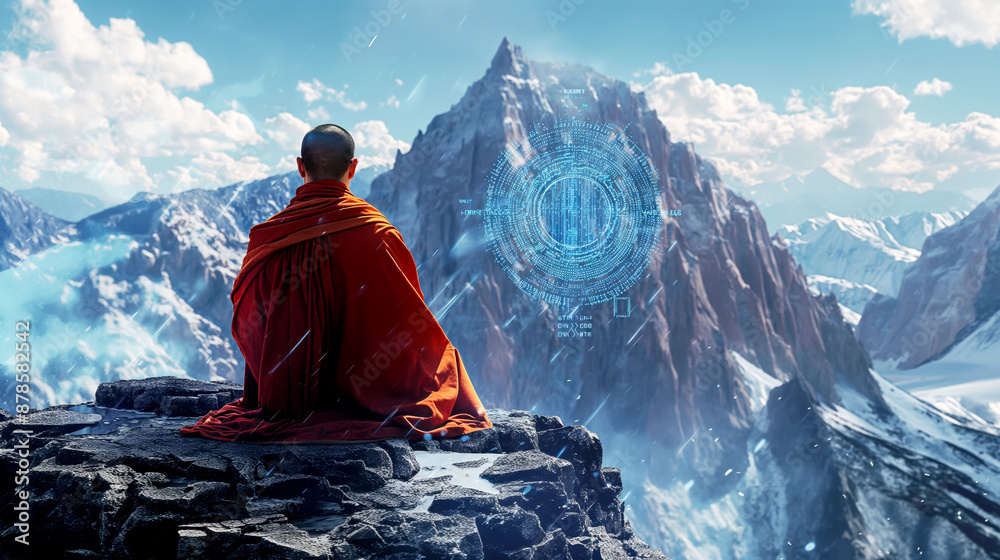 Sticker conceptual image of a monk meditating on a mountain with a futuristic holographic interface