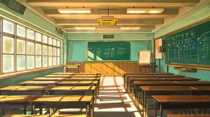 an anime classroom with desks and chalkboards