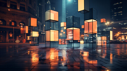 Orange and blue glowing glass cubes reflecting in a wet city street, modern urban design, abstract architecture, futuristic cityscape. 
