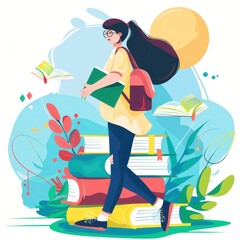 Fototapeta premium a girl with books and a backpack is walking on top of a stack of books