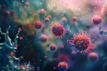 Colorful viruses floating in a blurred, dreamy background, creating an artistic and surreal visual effect.