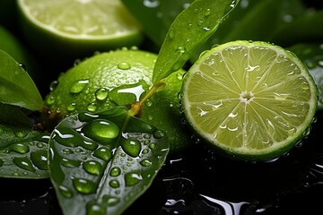 Vivid close-up of lime slices with fresh water droplets, highlighting the zesty, tangy, and invigorating citrus fruit.