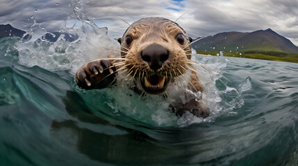 A playful otter, brown and white, emerges from the green water,  creating a splash of white,  evoking joy and excitement for wildlife photography. 
