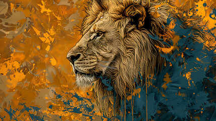 A majestic lion, golden brown and teal, with a powerful and confident expression, evokes strength and courage, perfect for a wildlife or animal themed design. 
