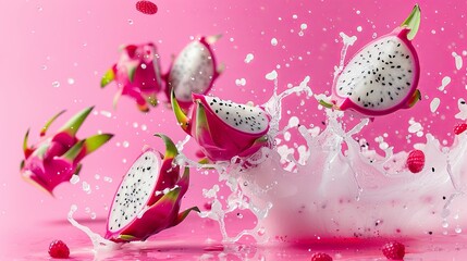 Dragon fruit splashing in milk on pink background.