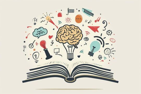 an open book with a brain and other icons
