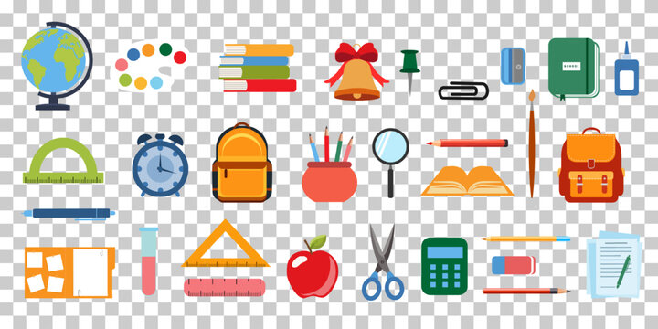 School supplies flat vector icons isolated on transparent background. Back to school concept. Ruler, notebook, watercolor , crayons,backpack,pen, globe,book,pencil,brush,rubber.