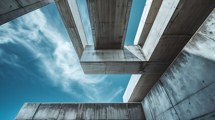 Abstract concrete structure with blue sky and white clouds, minimalist architecture,  grey, blue and white,  modern design,  evokes a sense of openness and freedom. 
