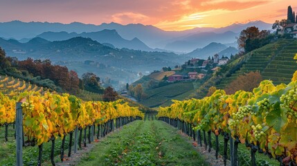 Fototapeta premium A picturesque vineyard on a hillside with rows of grapevines