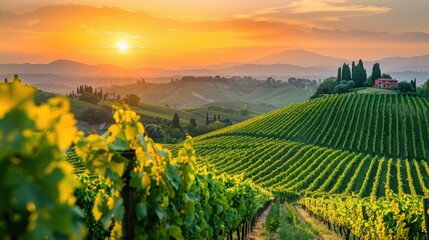 Fototapeta premium A picturesque vineyard on a hillside with rows of grapevines