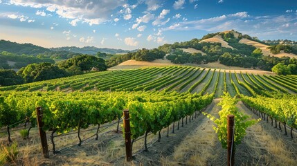 Obraz premium A picturesque vineyard on a hillside with rows of grapevines