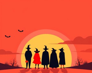 Fototapeta premium Shadowy of five figures, Halloween mystery, flat design illustration. 