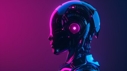 The futuristic AI robot is depicted with neon lights from one side, illustrating cuttingedge technology