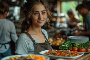 A young woman smiles as she serves fresh food in a bustling kitchen environment, capturing the essence of hospitality and culinary arts amidst a lively atmosphere.