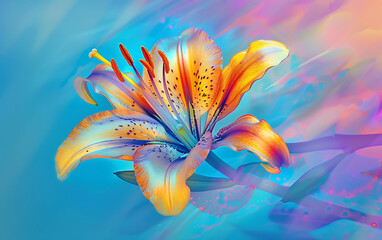 A vibrant orange lily with blue and purple hues, perfect for spring and summer designs, evoking joy and beauty. 
