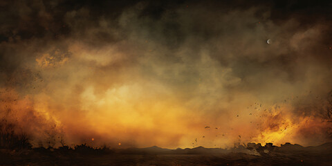 A fiery, apocalyptic landscape with orange, brown, and black tones evokes a sense of destruction and despair. 
