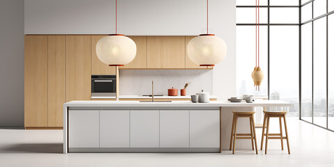 Modern kitchen with light cabinets and pendant lamps.