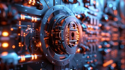Futuristic digital encryption concept showcasing advanced lock mechanism on a circuit board. Cybersecurity, technology, and data protection.