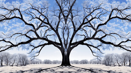 Frozen tree, symmetrical branches, winter landscape.
