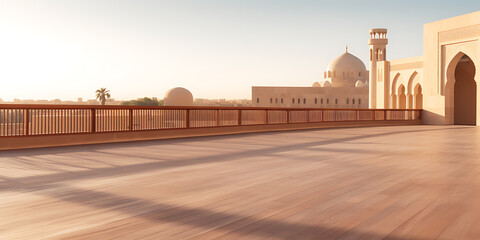 Empty rooftop overlooking a mosque. Calm, serene scene.