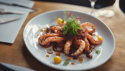 Pan fried octopus dish at luxury restaurant, ad shot
