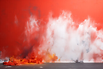 Orange flames and white smoke erupt against a red backdrop, suggesting conflict.
