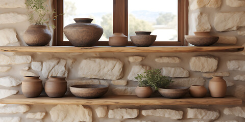 Rustic pottery collection on wooden shelves.