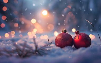 Two red Christmas ornaments in the snow, festive winter scene.
