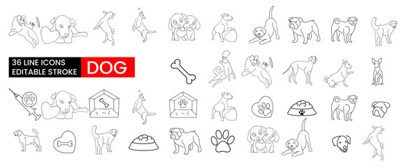 Set of 36 Dog line icons set . Dog outline icons with editable stroke collection . Another common icon representing dogs, is typically associated with treats and food.
