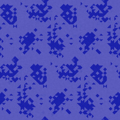 Faded electric blue glitch geo washed effect seamless pattern. Indigo dye grungy blotched distress abstract background texture repeat. 