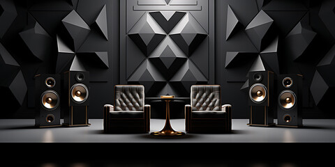 Dark room, sound system, empty chairs.